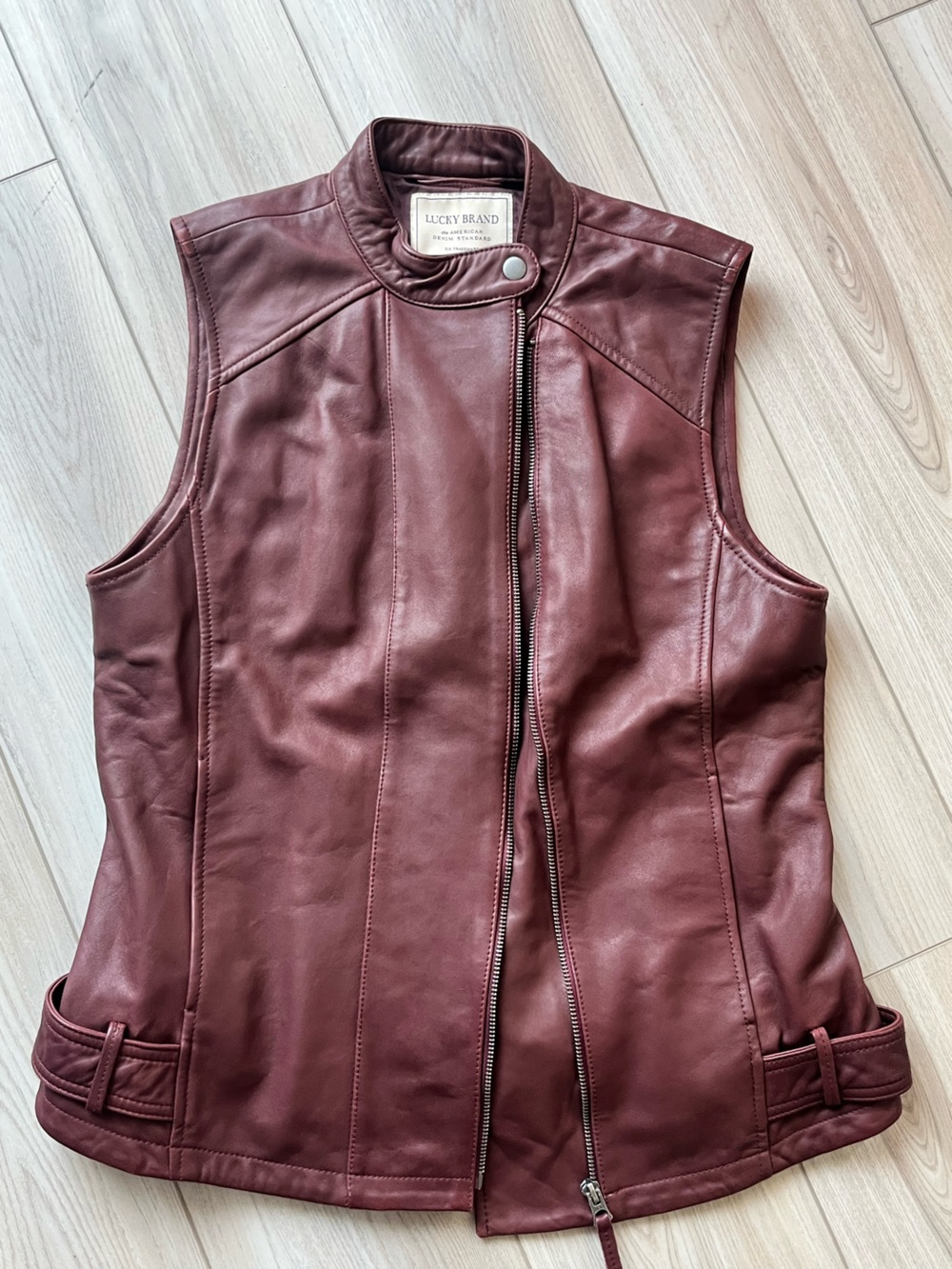 Lucky Brand Women's Burgundy Lambskin Genuine Leather Zip Vest